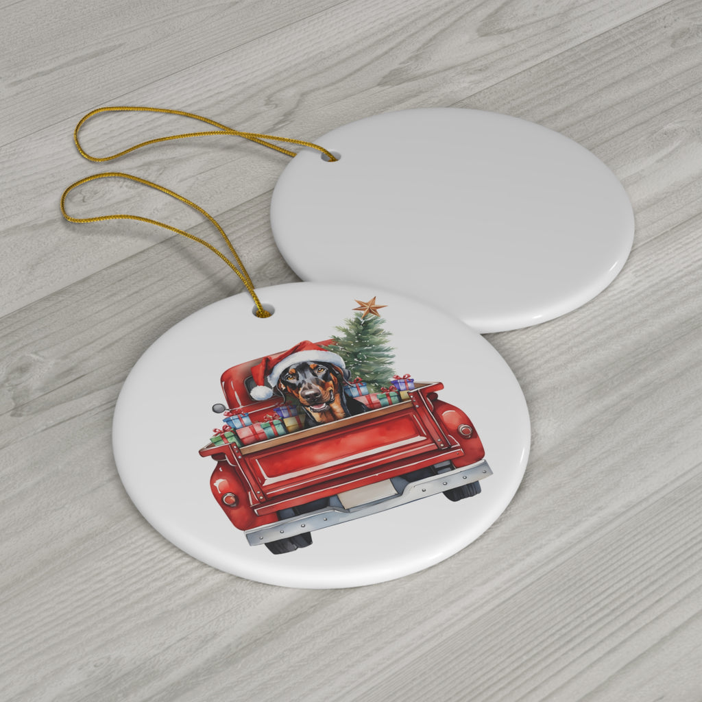 Doberman Pinscher Christmas Dog In Red Truck Ceramic Disc Ornament         Item #9414189