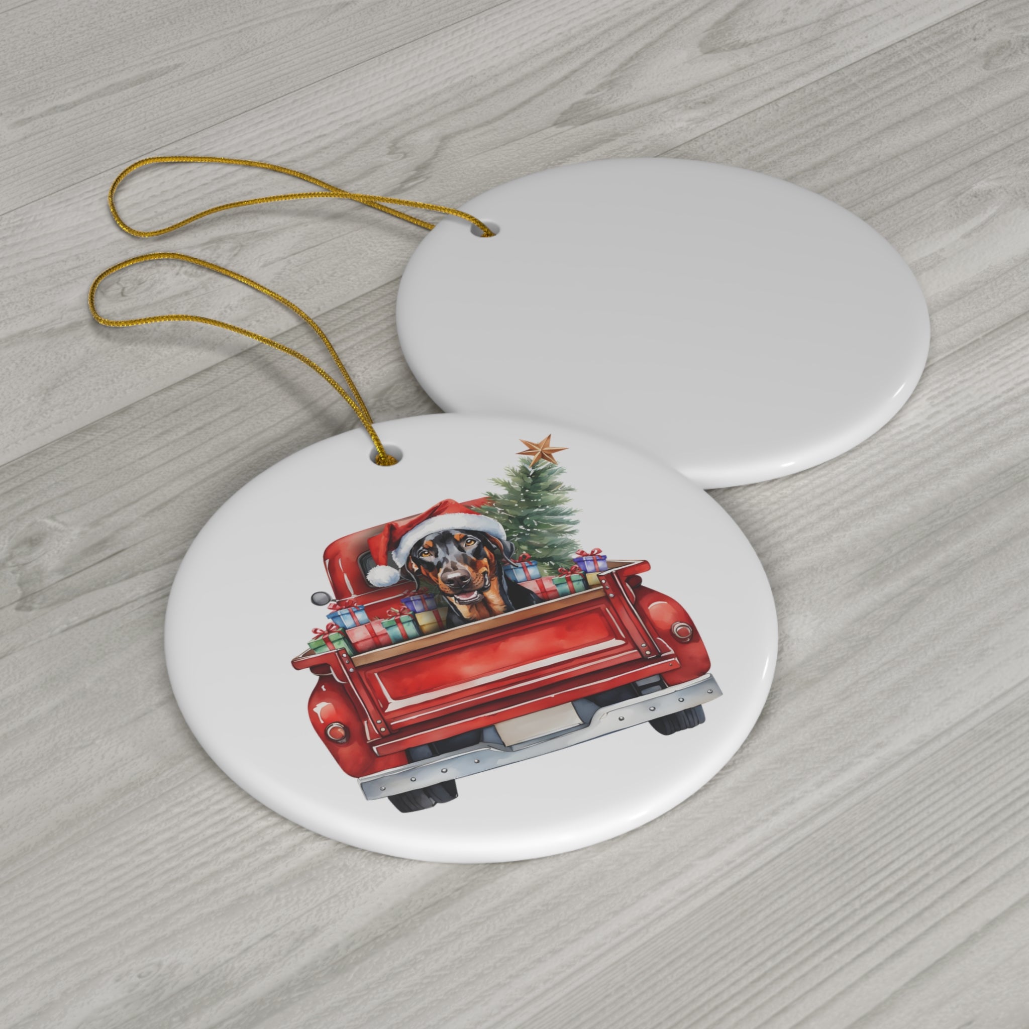 Doberman Pinscher Christmas Dog In Red Truck Ceramic Disc Ornament         Item #9414189