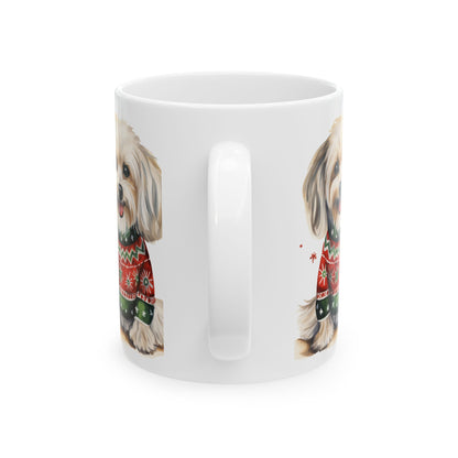 Cute Dog Christmas Mug — Holiday Puppy in Festive Sweater Ceramic Coffee Cup 11oz    Item #963608