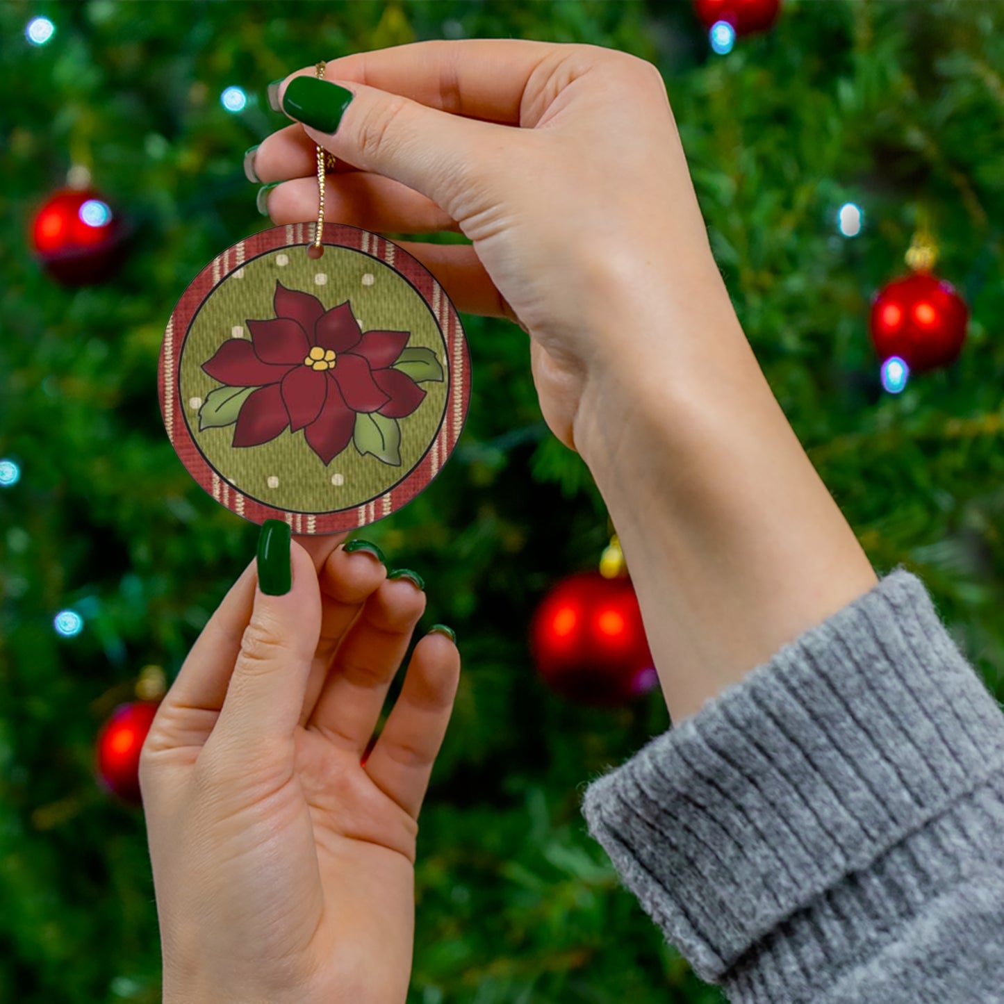 Poinsette Ceramic Disc Ornament         Item #18907