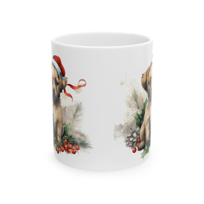 Christmas Puppy In Santa Hat Holly Berry Holiday Ceramic Mug 11oz   Item #694995
