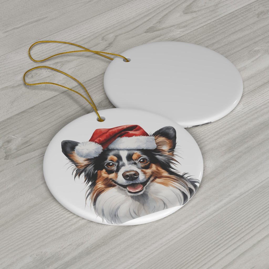 Papillon Dog With Santa Hat Ceramic Disc Ornament        Item #1935525 - Buckshot's Bargain Barn