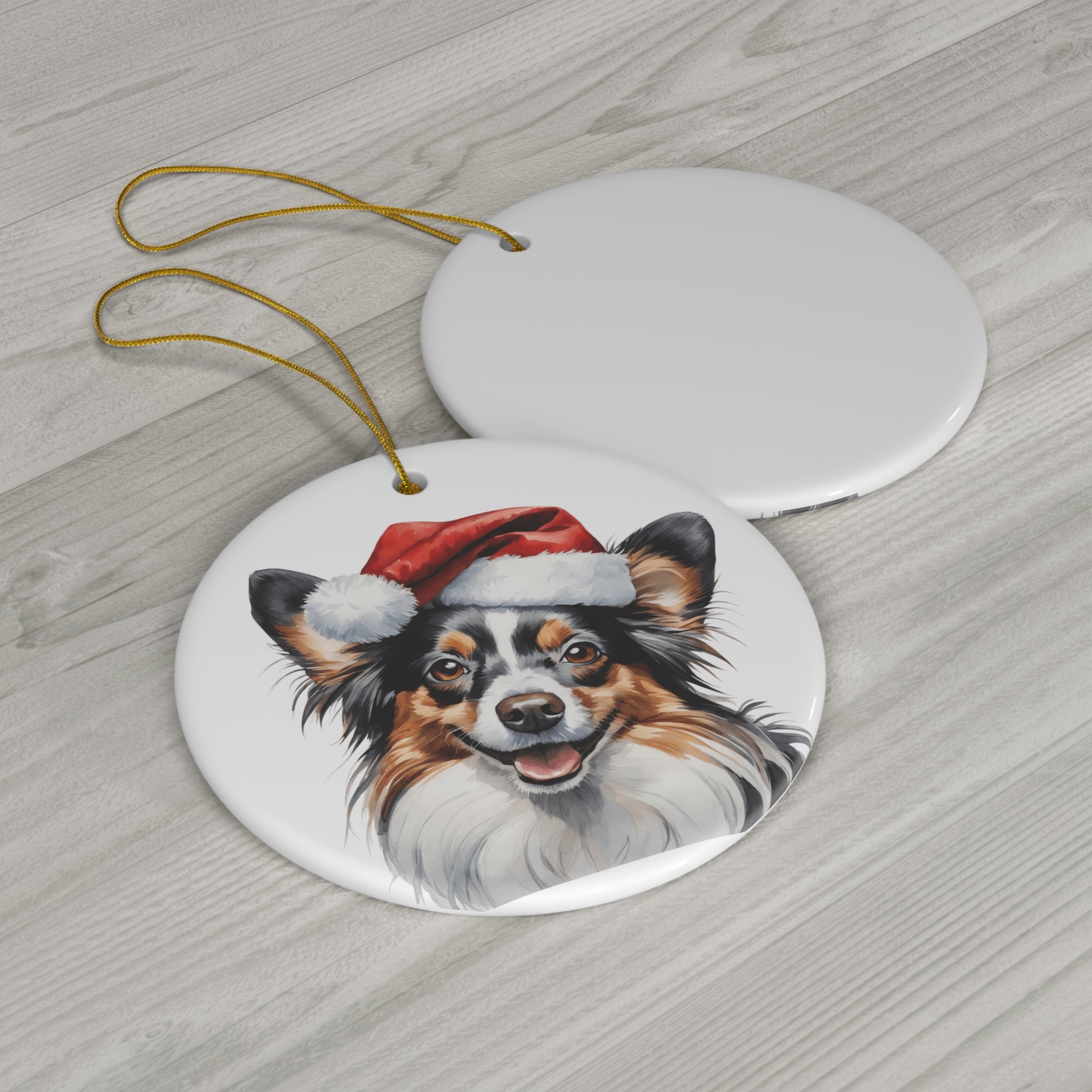 Papillon Dog With Santa Hat Ceramic Disc Ornament        Item #1935525 - Buckshot's Bargain Barn