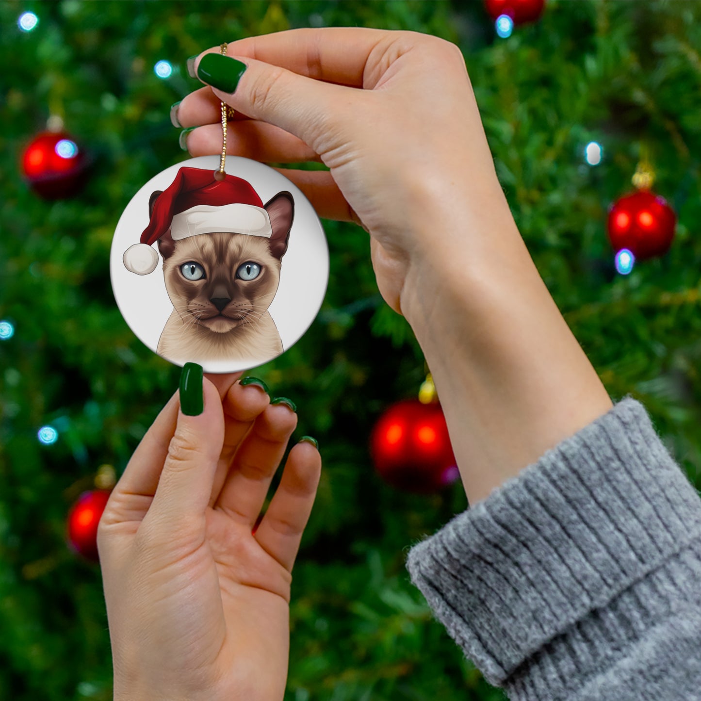 Ceramic Ornament - Tonkinese Cat With Santa Hat      Item #7469245