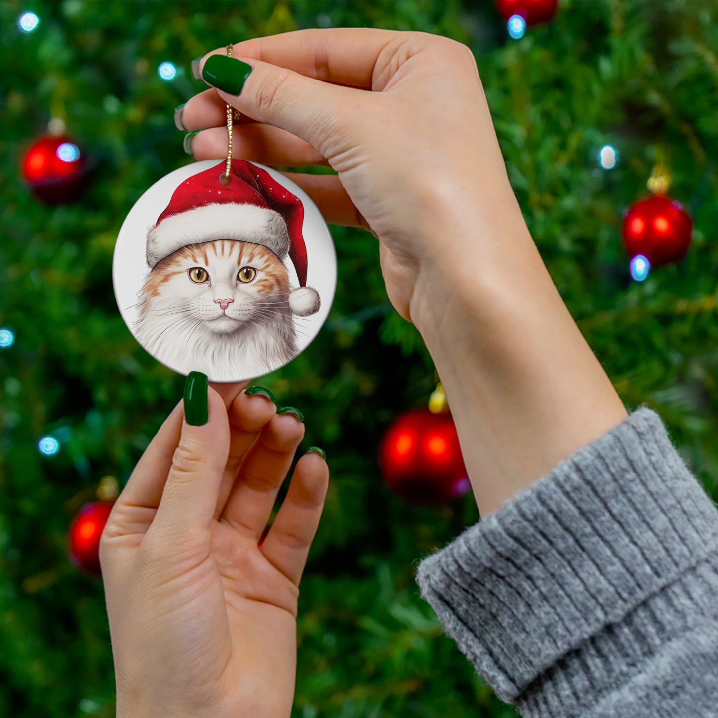 Ceramic Ornament - Turkish Van Cat With Santa Hat      Item #1110579