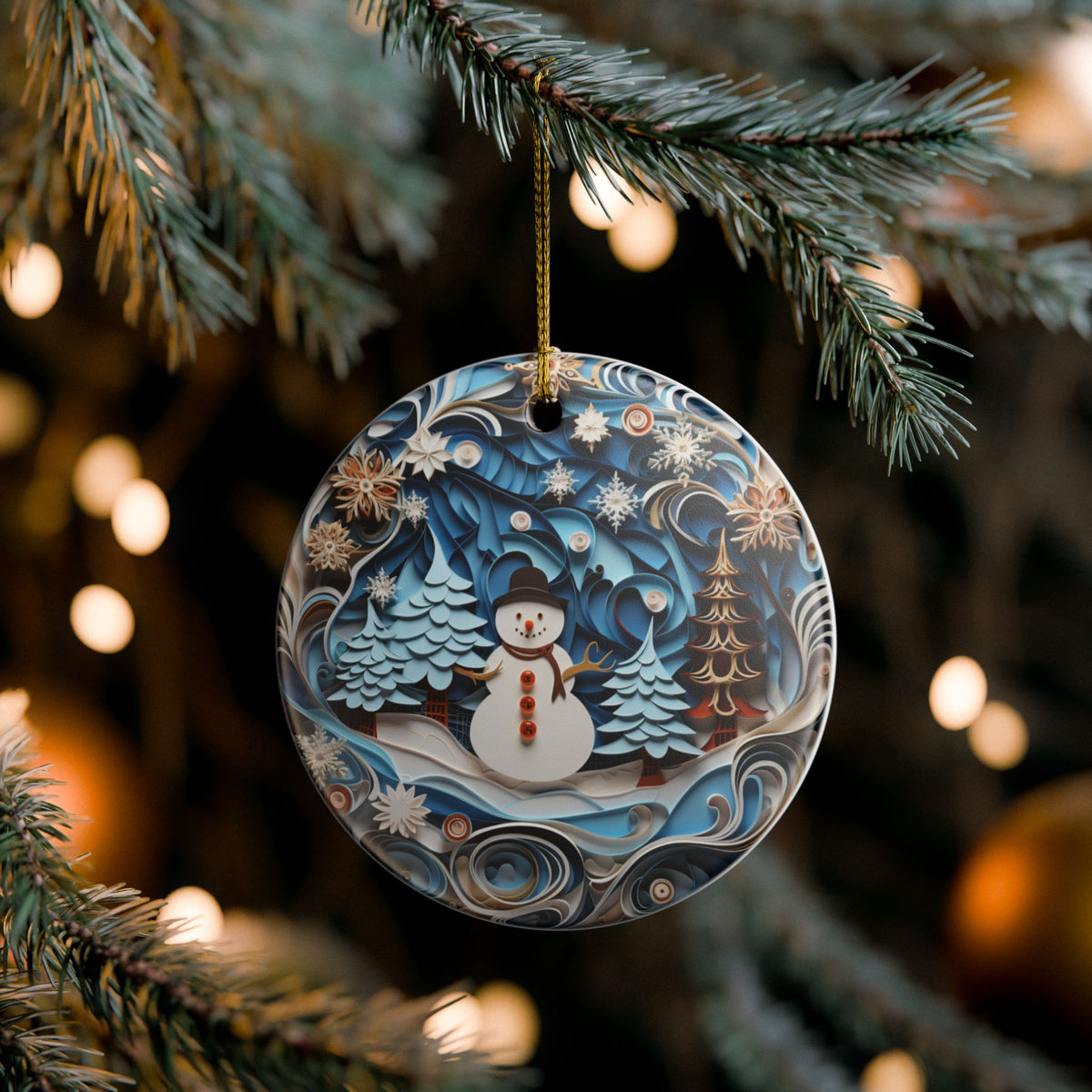 Ceramic Christmas Ornament with Snowman and Winter Forest Design    Item #776807