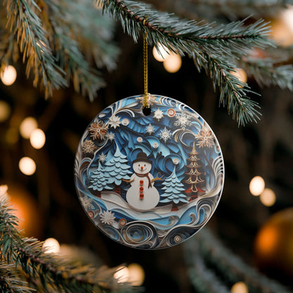 Ceramic Christmas Ornament with Snowman and Winter Forest Design    Item #776807