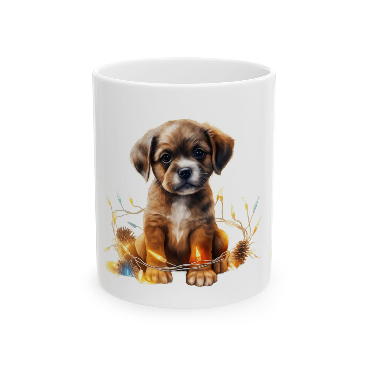 Puppy Coffee Mug — Cute Brown Puppy with Floral Wreath Ceramic Mug 11oz    Item #1004
