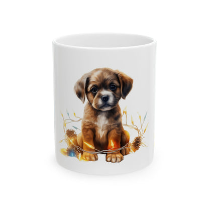 Puppy Coffee Mug — Cute Brown Puppy with Floral Wreath Ceramic Mug 11oz    Item #1004