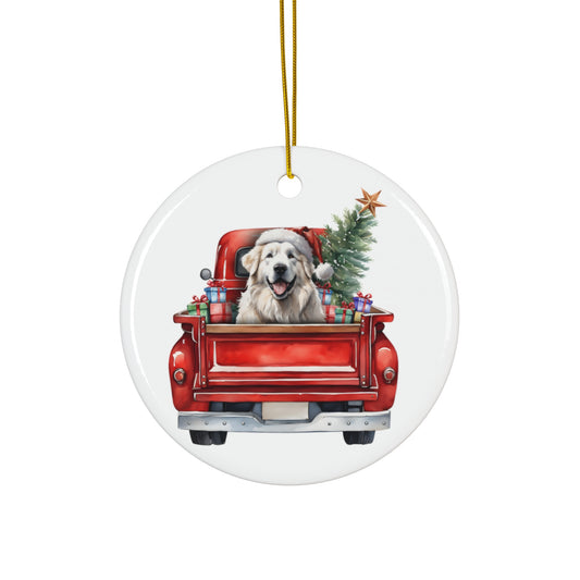 Ceramic Ornament - Great Pyrenees Christmas Dog In Red Truck       Item #23661