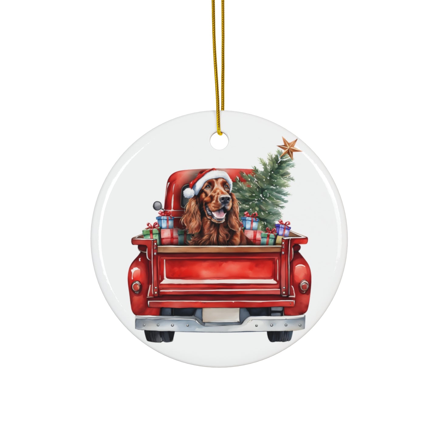 Ceramic Ornament - Irish Setter Christmas Dog In Red Truck       Item #4609602