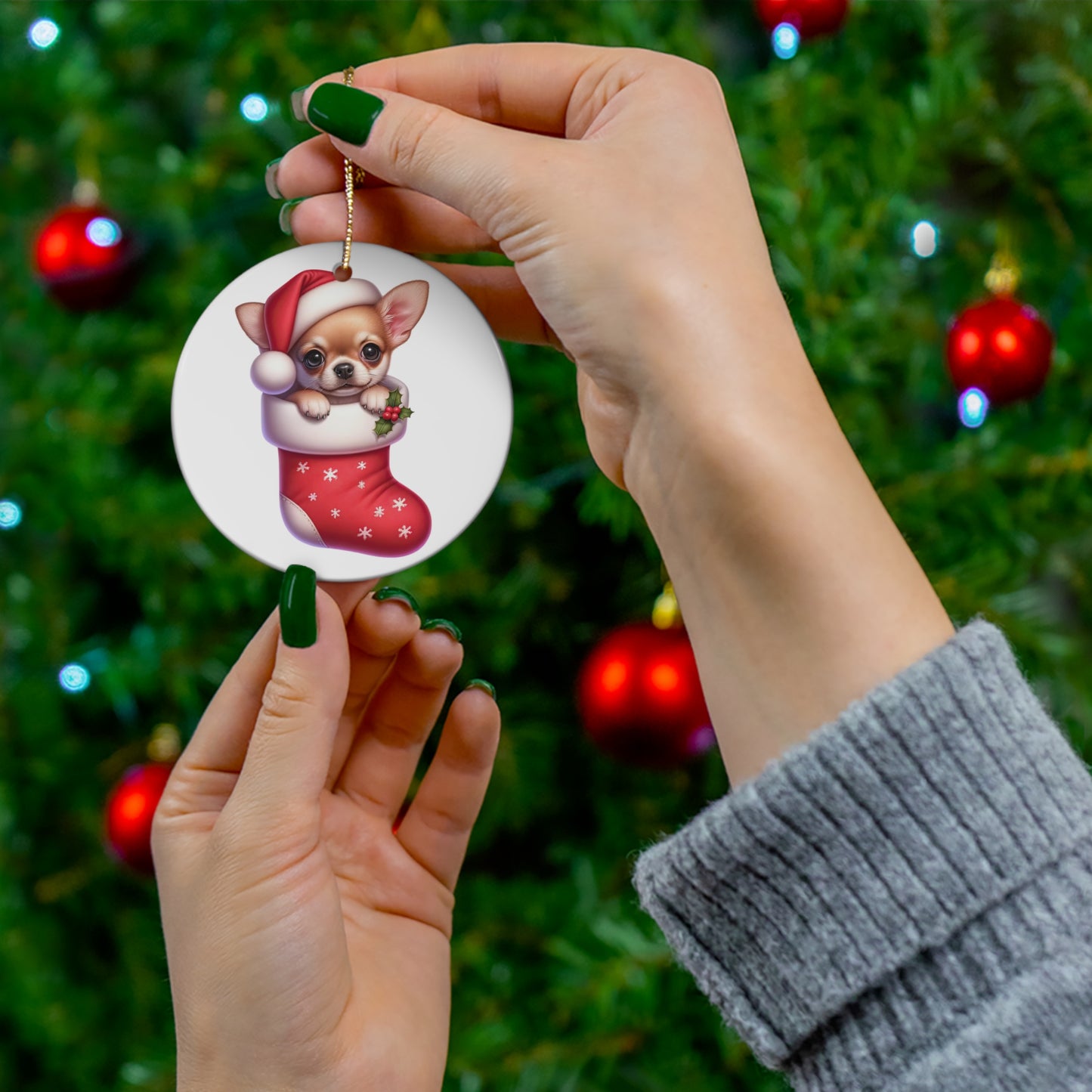 Chihuahua Christmas Stocking Ceramic Disc Ornament       Item #9048198