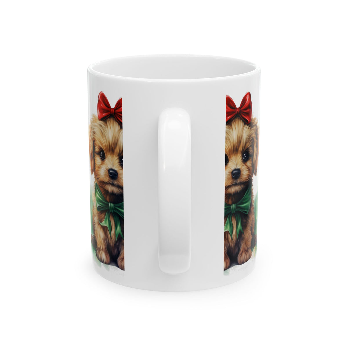 Cute Puppy Christmas Mug — Adorable Yorkie with Red Bow & Green Ribbon 11oz   Item #901071
