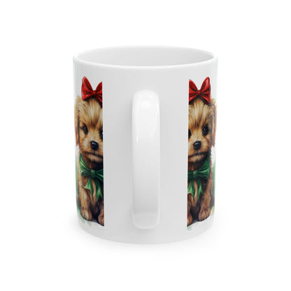 Cute Puppy Christmas Mug — Adorable Yorkie with Red Bow & Green Ribbon 11oz   Item #901071
