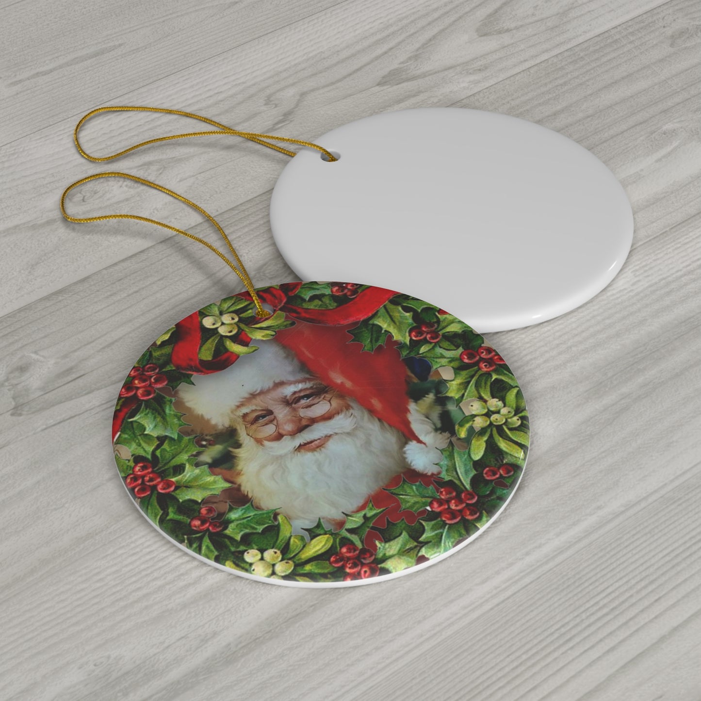 Wreath Santa Ceramic Disc Ornament        Item #344727