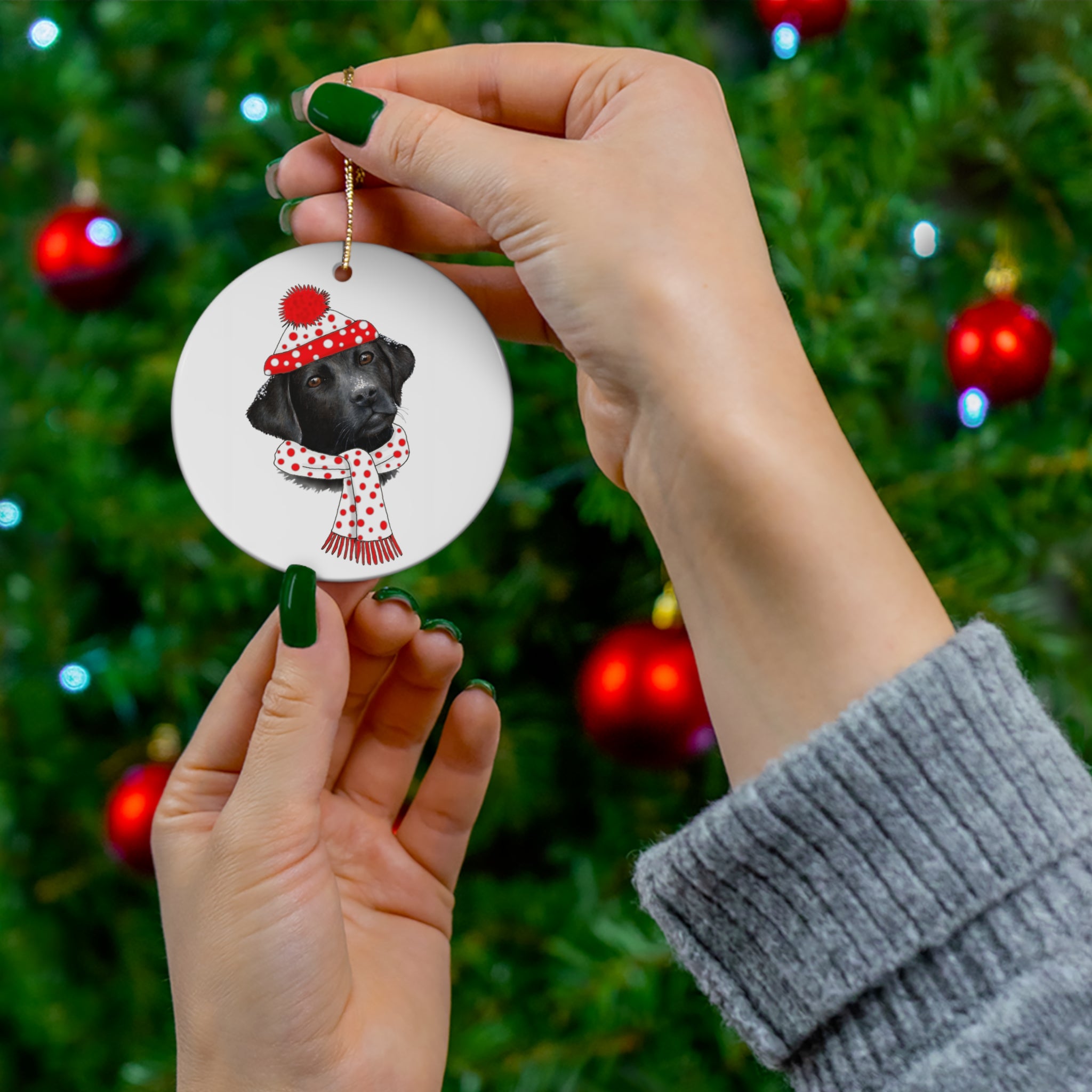 Lab In White With Red Dots Winter Gear Ceramic Disc Ornament           Item #929575