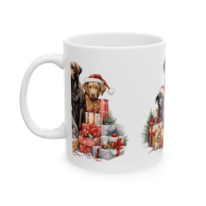 Christmas Dogs Ceramic Mug — Labrador Trio with Santa Hats & Gifts 11oz  Item #610489