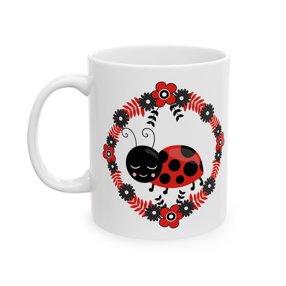 Floral Ladybug Ceramic Mug – Floral Coffee Cup 11oz    Item #311495