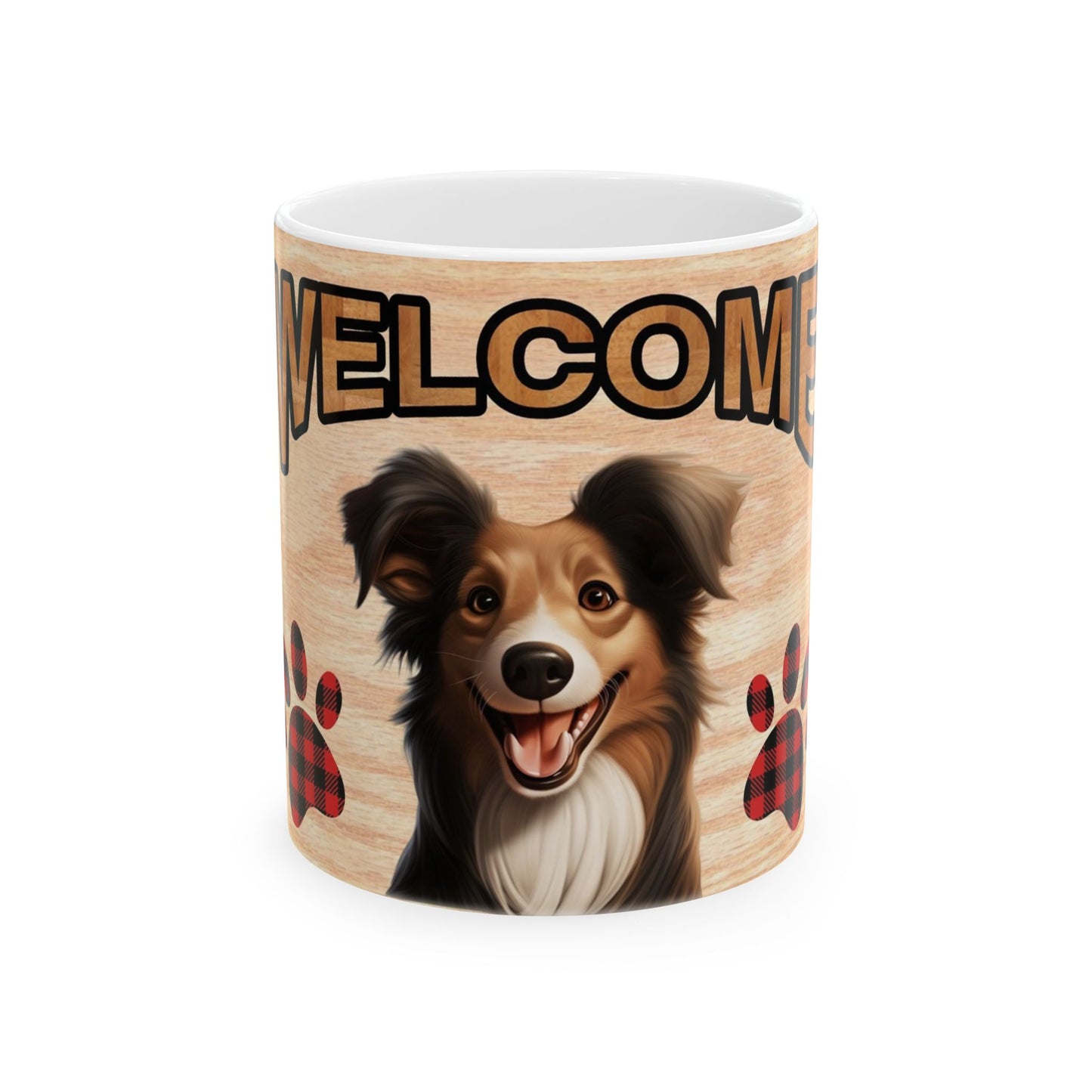 Welcome Dog Illustration Ceramic Mug – Cute Paw Print Coffee Cup 11oz    Item #480972
