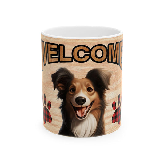 Welcome Dog Illustration Ceramic Mug – Cute Paw Print Coffee Cup 11oz    Item #480972