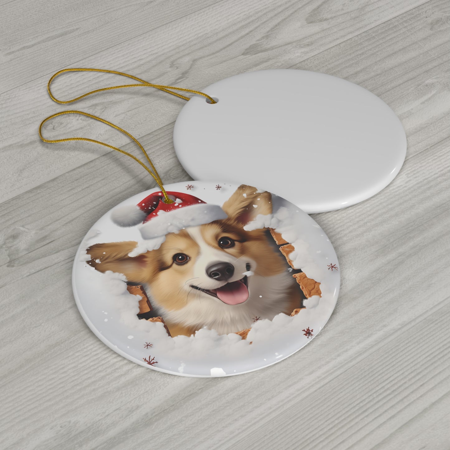 3D Dog With Santa Hat Breaking Out Ceramic Disc Ornament            Item #236799