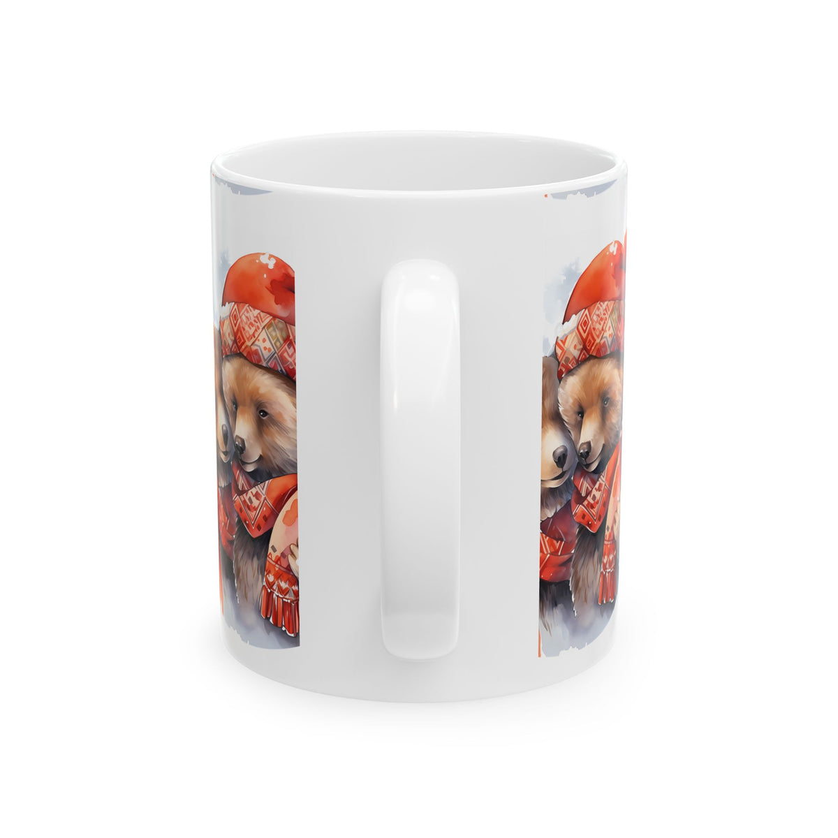 Cozy Winter Bear Couple Ceramic Mug — Cute Bears in Red Hats & Scarves 11oz   Item #98824