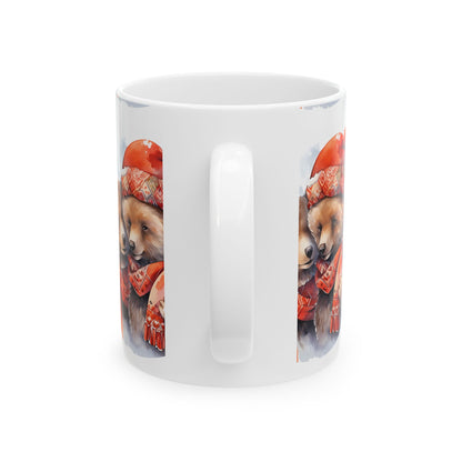 Cozy Winter Bear Couple Ceramic Mug — Cute Bears in Red Hats & Scarves 11oz   Item #98824