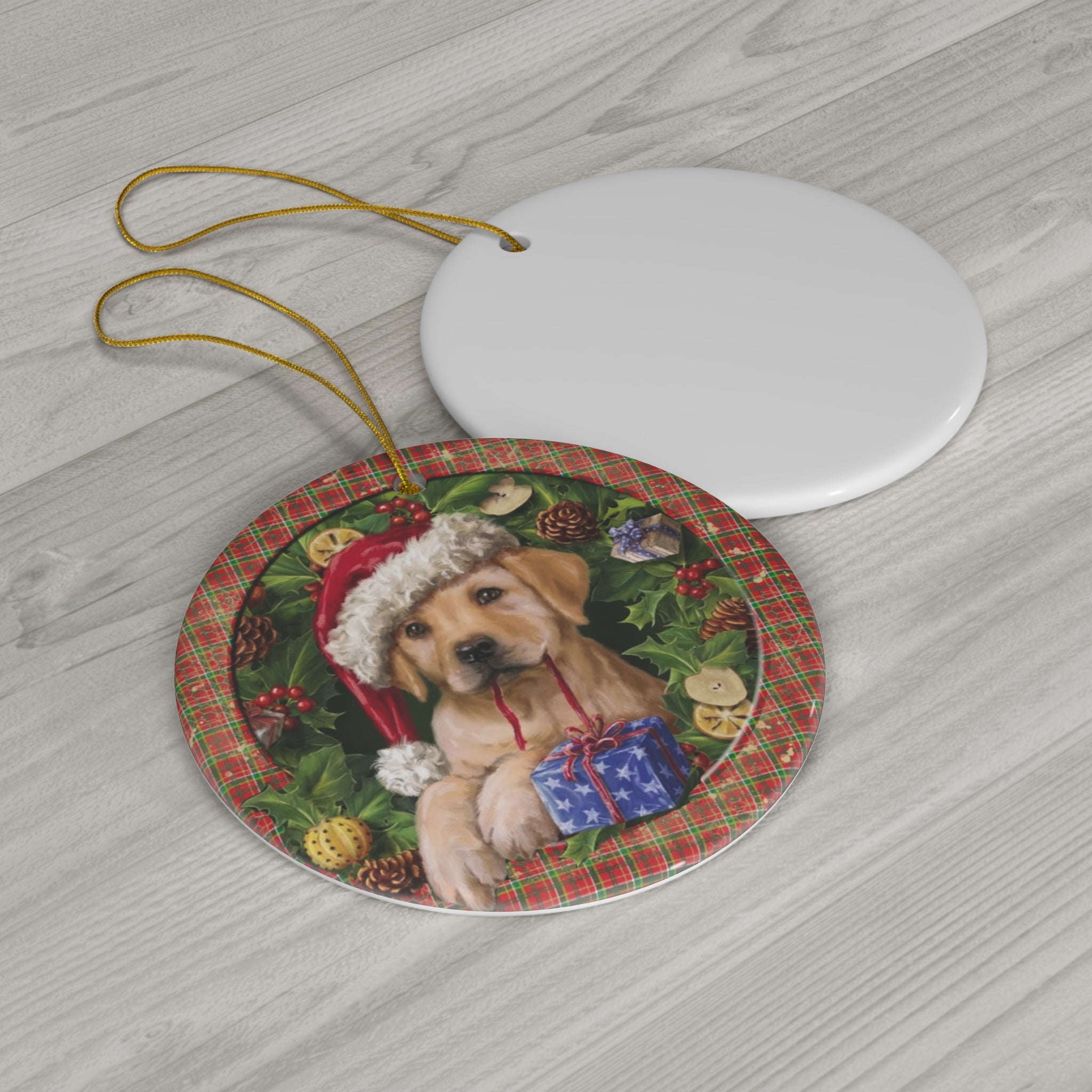 Christmas Pup Ceramic Disc Ornament      Item #9107225