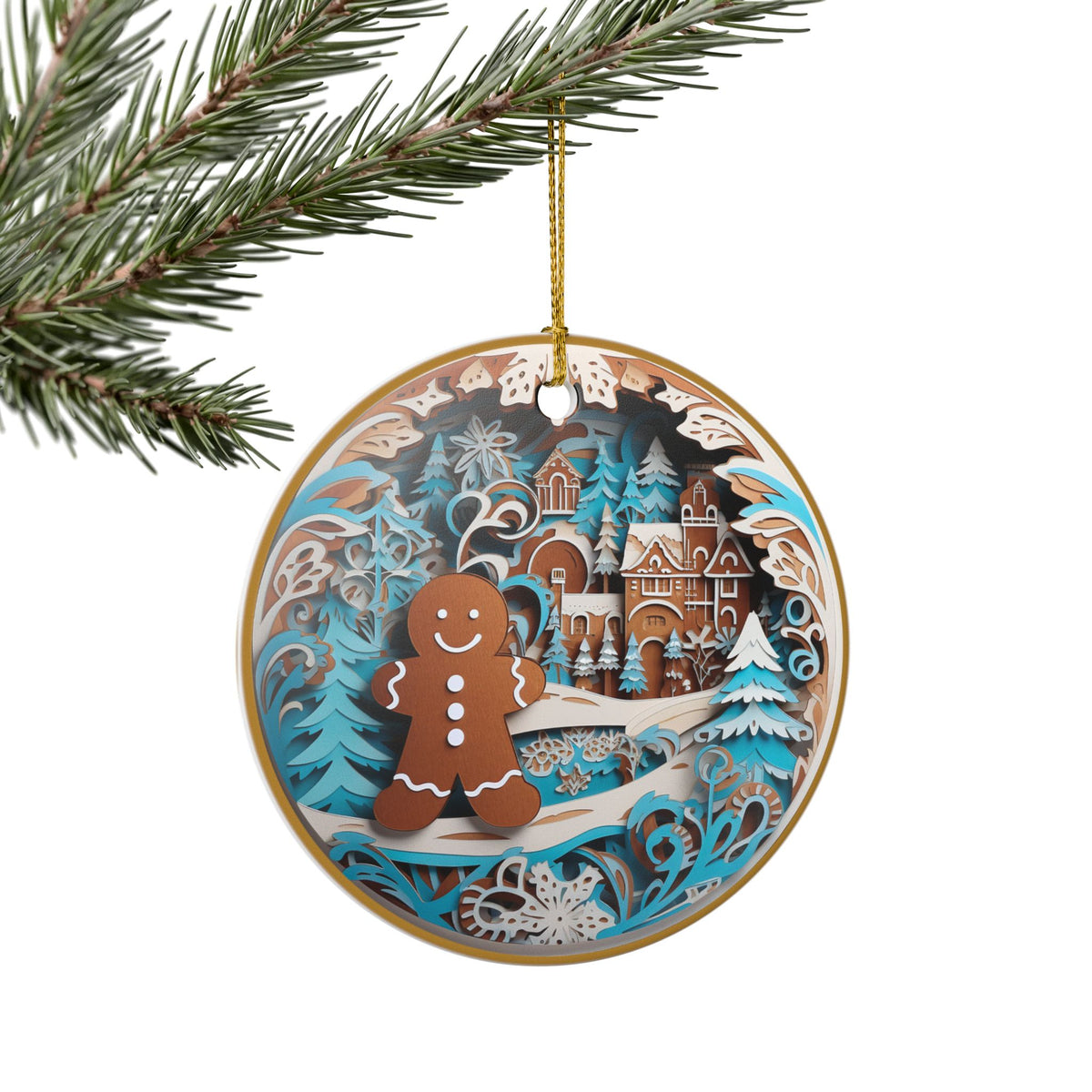 Ceramic Christmas Ornament with Gingerbread Man and Winter Wonderland Design   Item #214363