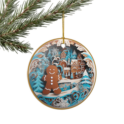 Ceramic Christmas Ornament with Gingerbread Man and Winter Wonderland Design   Item #214363