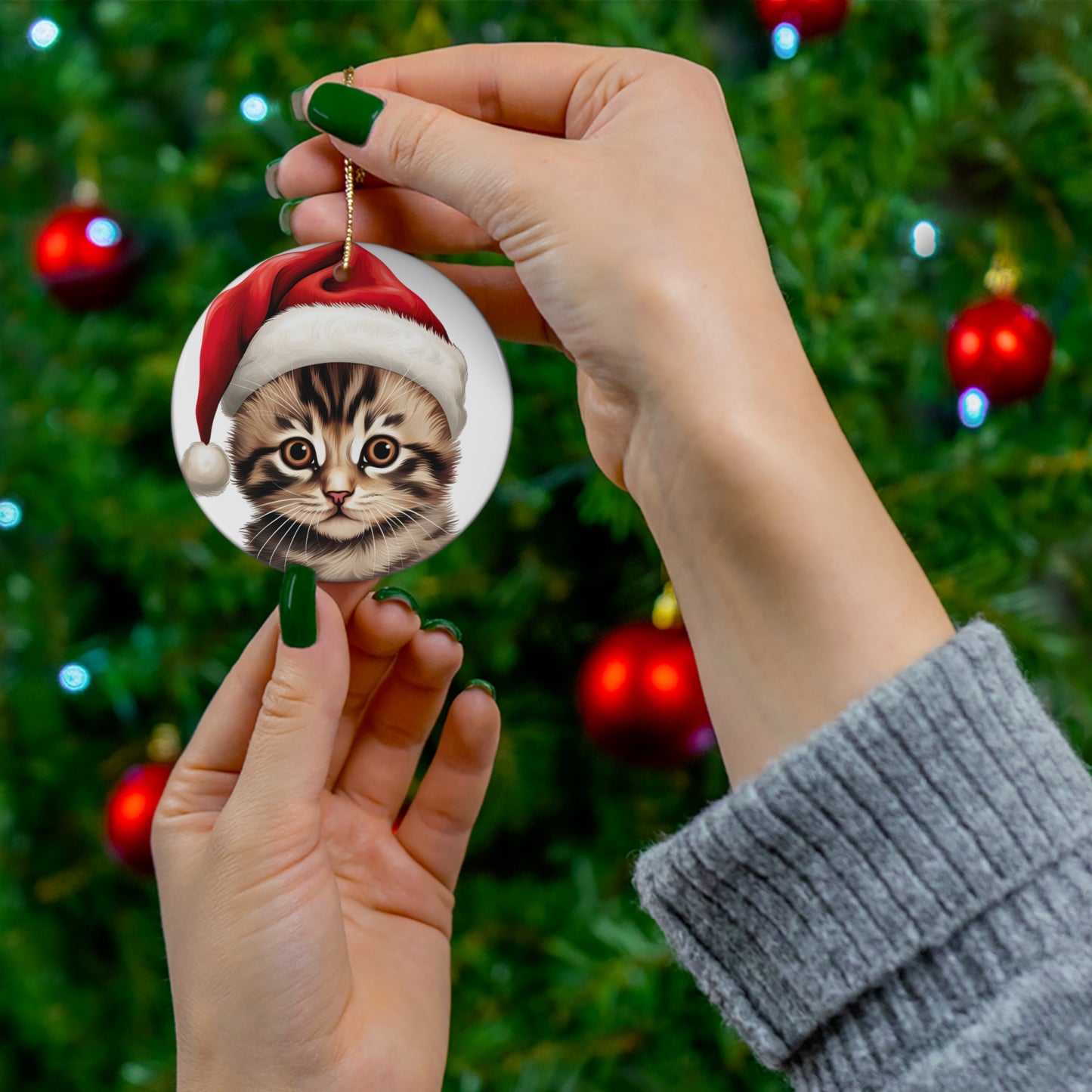 Ceramic Ornament - Bengal Kitten With Santa Hat      Item #8612793