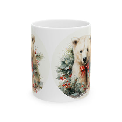 Holiday Polar Bear Ceramic Mug — Festive Pine & Berries Christmas Coffee Cup 11oz   Item #210856