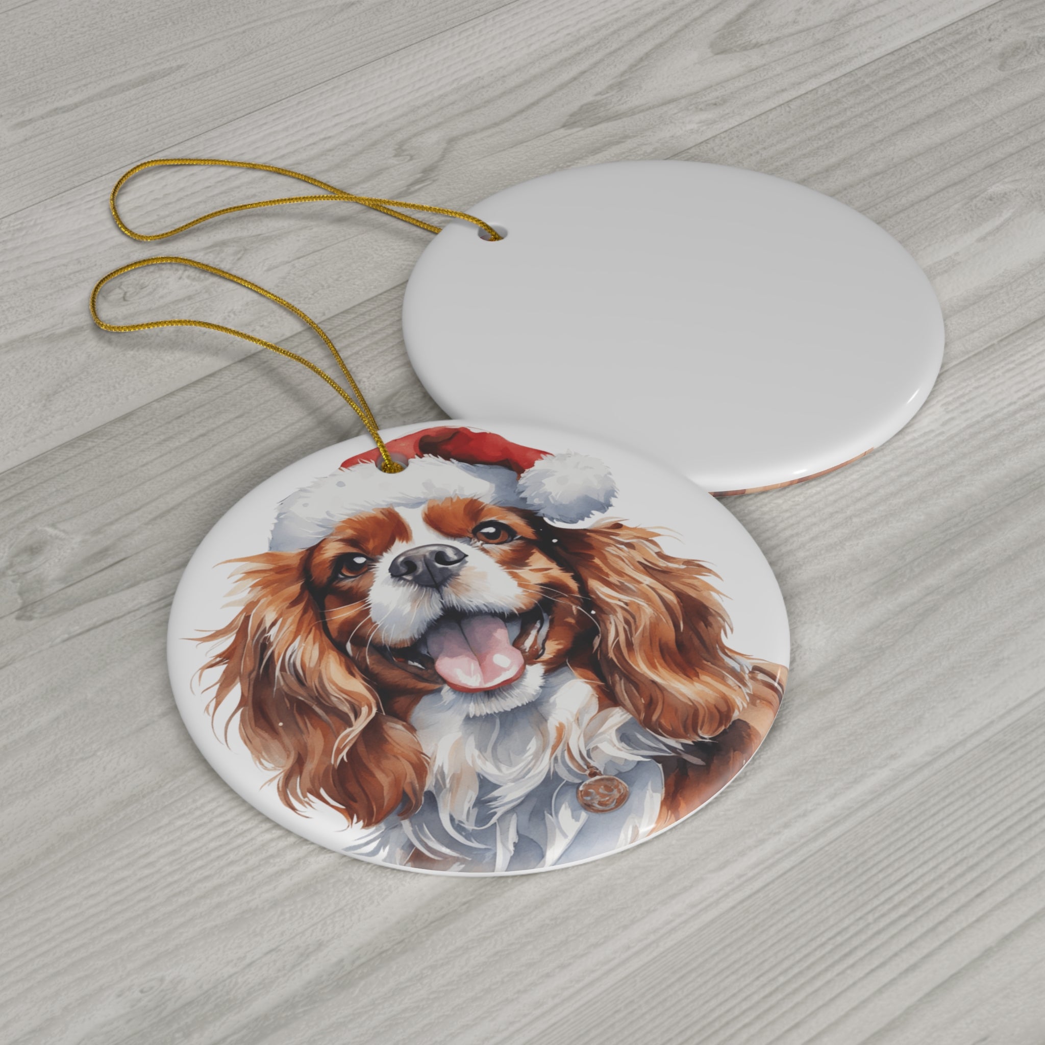 Cavalier King Charles Spaniel Dog With Santa Hat Ceramic Disc Ornament        Item #5657464