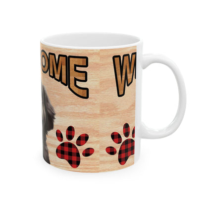 Welcome Puppy Ceramic Mug — Cute Black Dog with Buffalo Plaid Paws 11oz    Item #209191