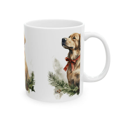 Golden Retriever Holiday Mug — Festive Dog Coffee Cup with Red Bow & Pine Wreath 11oz  Item #22897