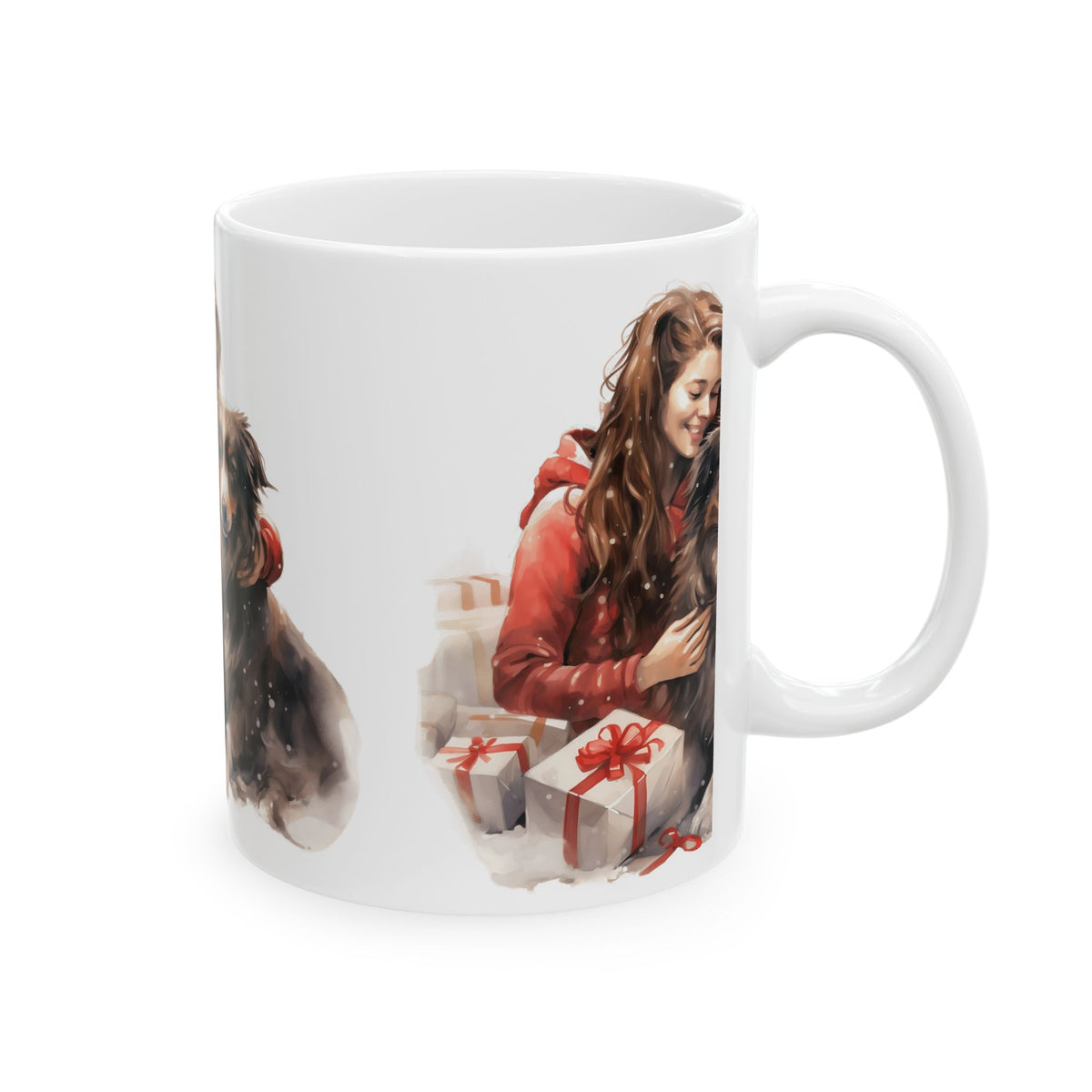 Holiday Dog Lover Mug — Woman Hugging Dog with Gifts Ceramic Mug 11oz  Item #915727