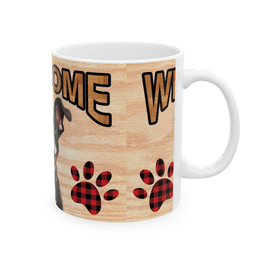 Welcome Dog Illustration Ceramic Mug – Cute Paw Print Coffee Cup 11oz    Item #587503