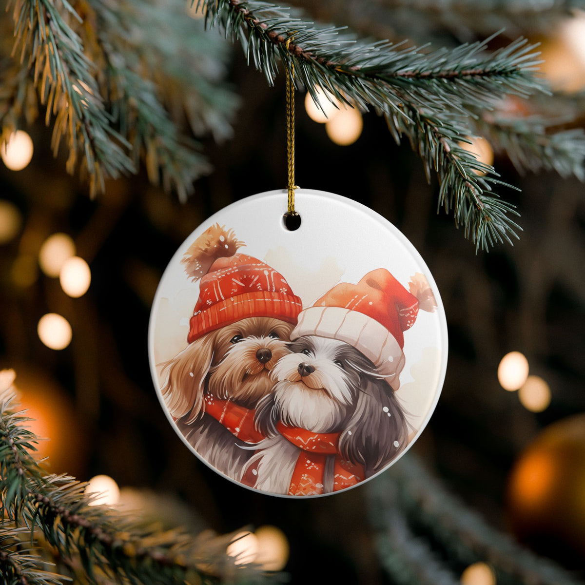 Christmas Ornament Featuring Cozy Shih Tzu Dogs in Winter Hats and Scarves   Item #554446