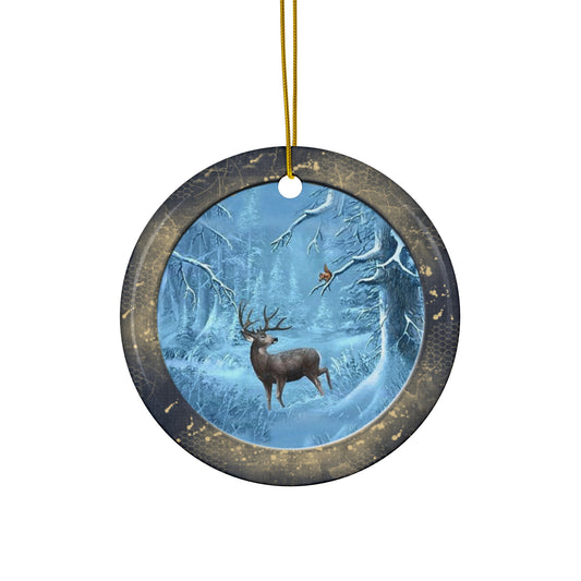 Winter Deer Scene Ceramic Disc Ornament         Item #3348166