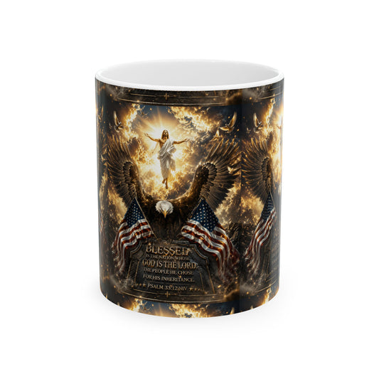 Patriotic Angel & Bald Eagle With 'Blessed' Scripture Ceramic Mug  11oz  Item #137373