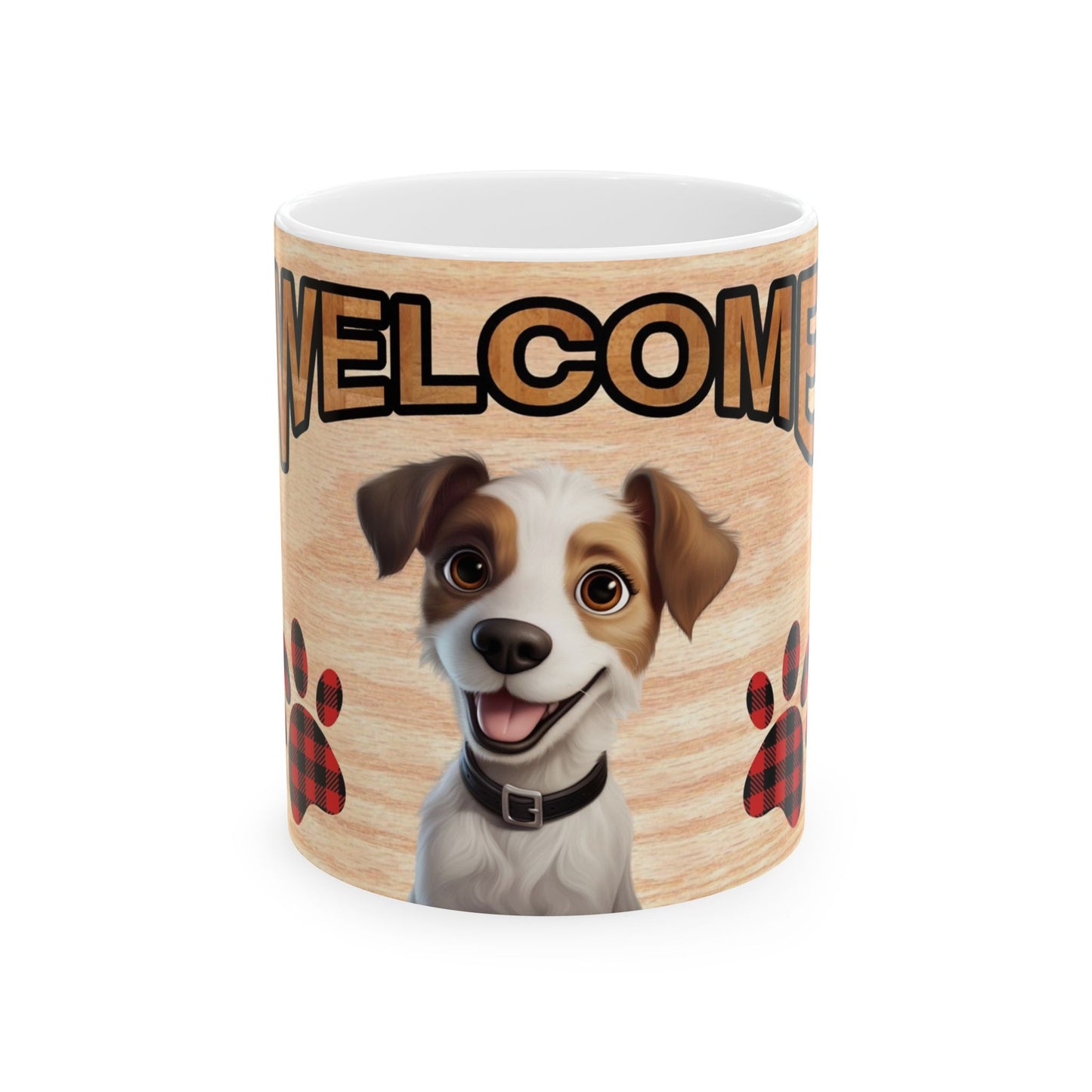 Welcome Dog Illustration Ceramic Mug – Cute Paw Print Coffee Cup 11oz    Item #778355