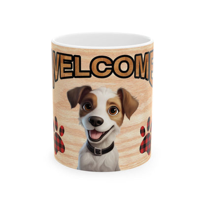 Welcome Dog Illustration Ceramic Mug – Cute Paw Print Coffee Cup 11oz    Item #778355