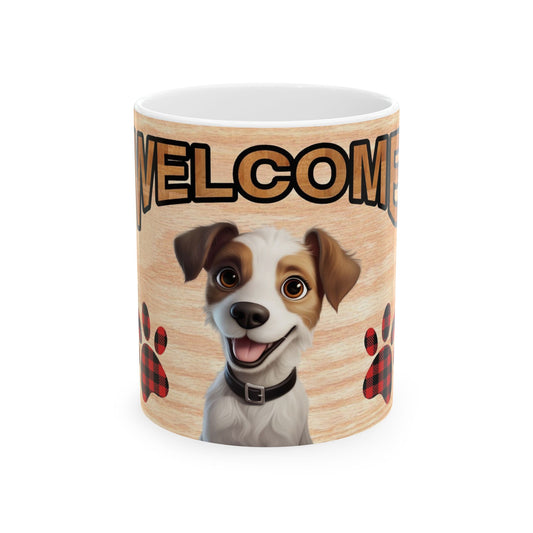Welcome Dog Illustration Ceramic Mug – Cute Paw Print Coffee Cup 11oz    Item #778355