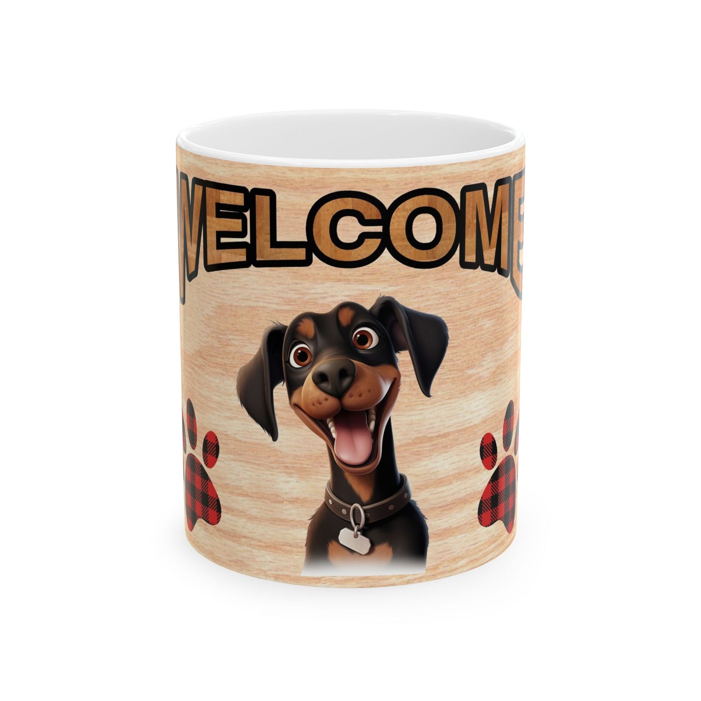 Welcome Doberman Ceramic Mug — Cute Dog Paw Print Coffee Cup 11oz      Item #369207