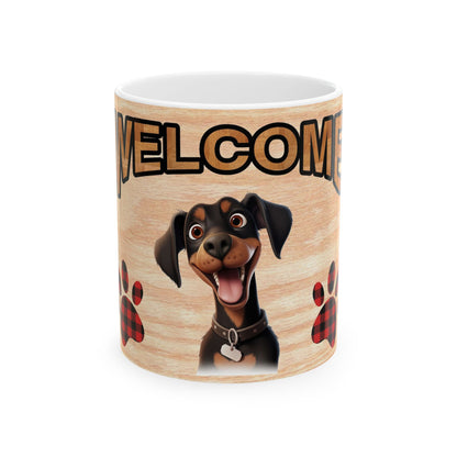 Welcome Doberman Ceramic Mug — Cute Dog Paw Print Coffee Cup 11oz      Item #369207