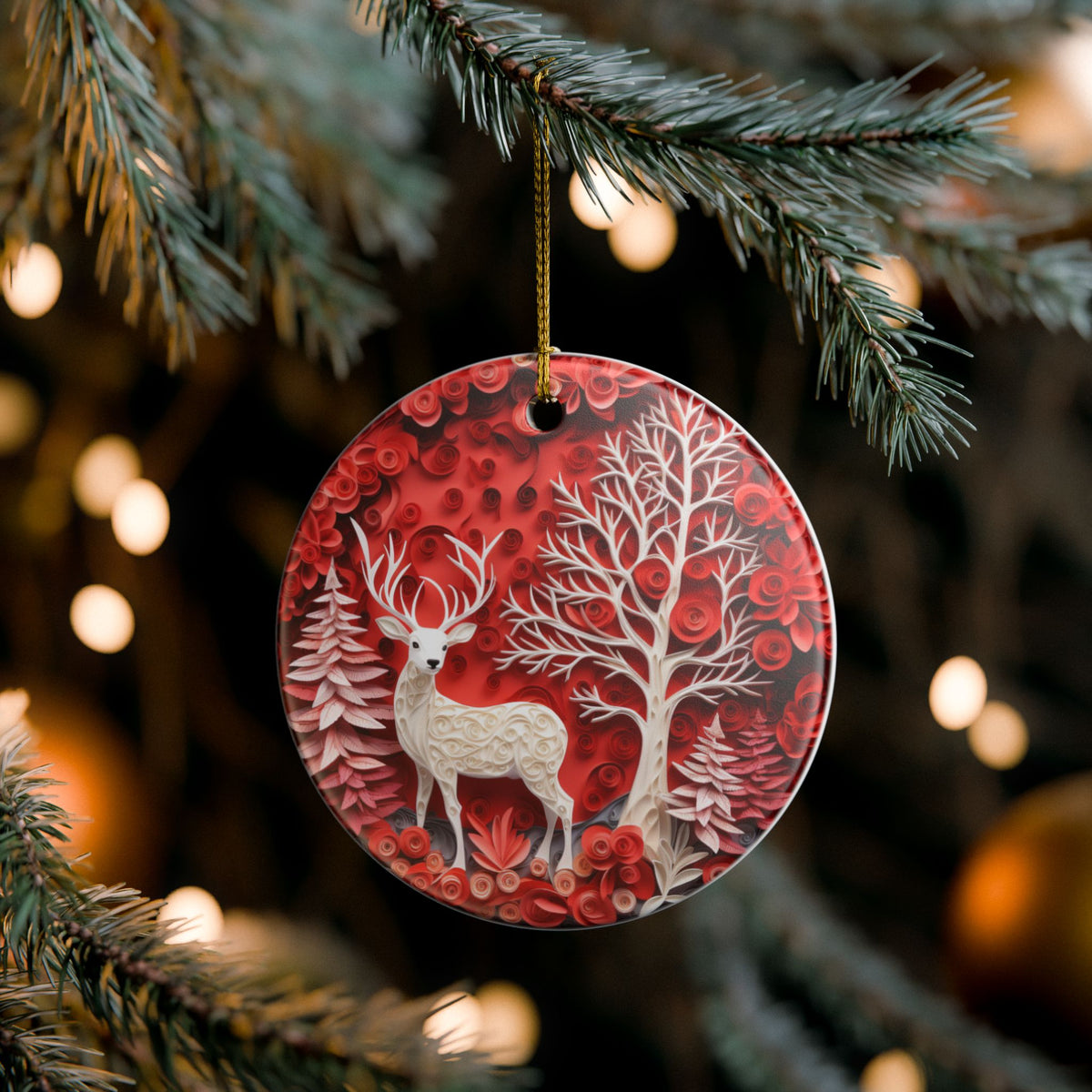 Ceramic Ornament – Red Winter Woodland Deer Christmas Tree Decoration   Item #901369