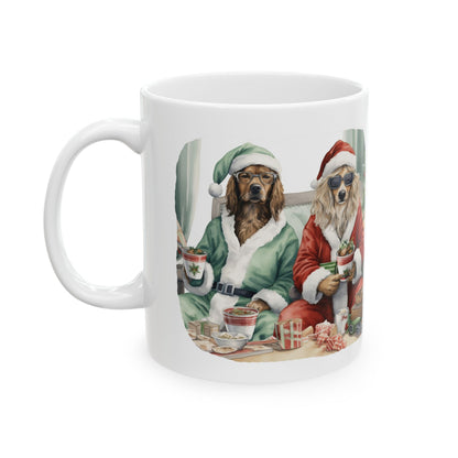 Christmas Dogs Sitting In Chair Dress In Red & Green Coat and Hat Holiday Ceramic Mug 11oz   Item #857496