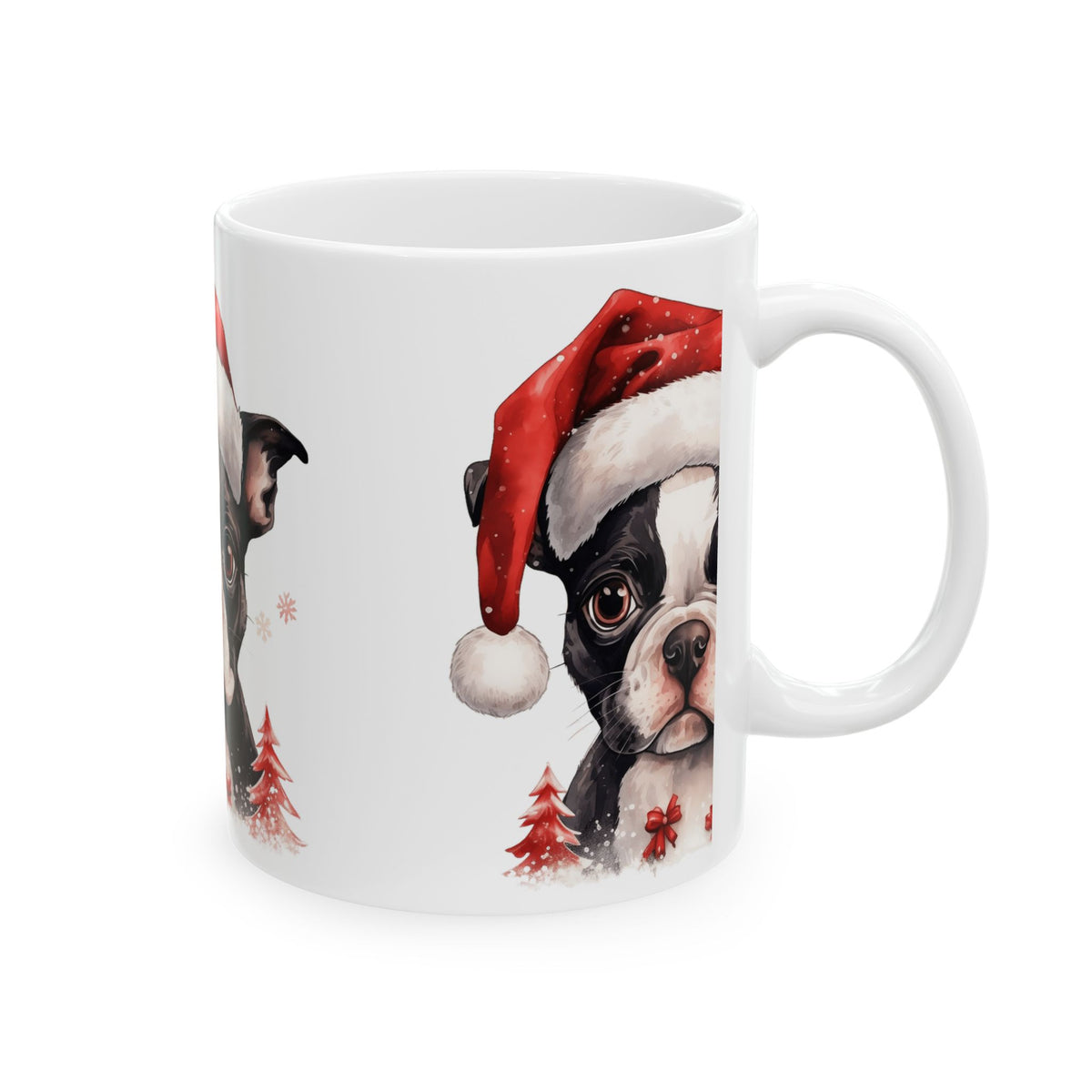 Christmas Boston Terrier Ceramic Mug — Cute Dog in Santa Hat, Holiday Coffee Cup 11oz   Item #822415