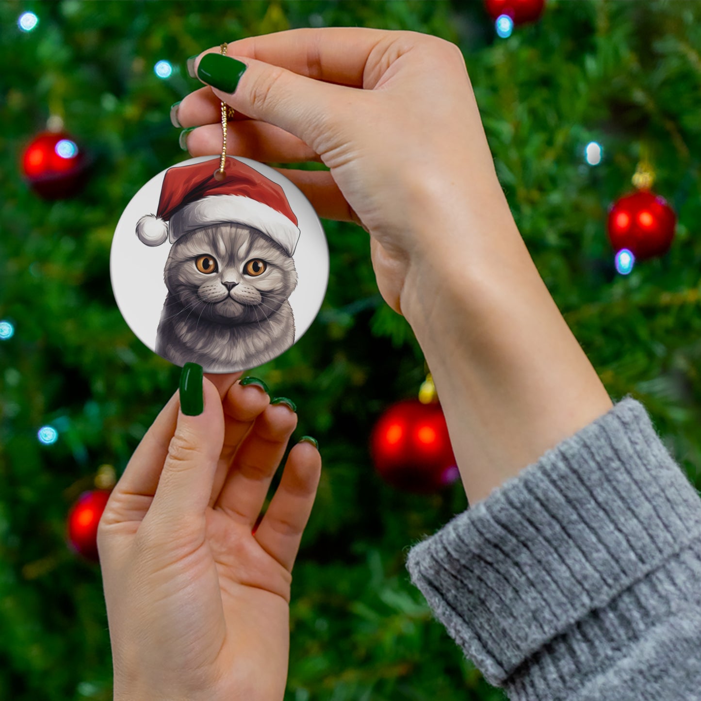 Scottish Fold Cat With Santa Hat Ceramic Ornament       Item #7068266