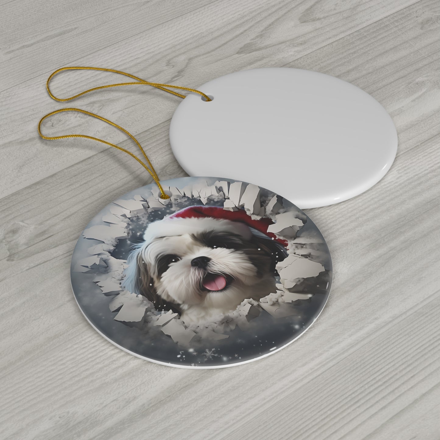 3D Dog With Santa Hat Breaking Out Ceramic Disc Ornament           Item #7255404